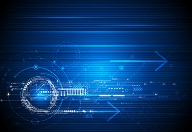 vector abstract technology background with eyeball, circuit board, speed motion blur of light rays, arrow, stripe line on dark blue background. hi-tech, science, futuristic, energy, technology concept