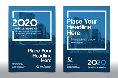 blue color scheme with city background business book cover design template in a4. easy to adapt to brochure, annual report, magazine, poster, corporate presentation, portfolio, flyer, banner, website.