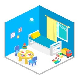 child playroom isometric icon set vector graphic illustration design