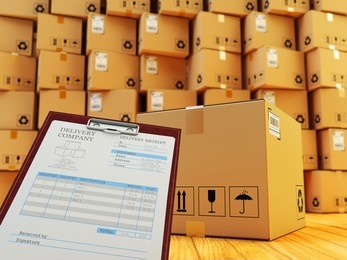 distribution warehouse interior, packages shipment, freight transportation and delivery service concept, clipboard with receipt form and cardboard box in front of stack of parcels, 3d illustration