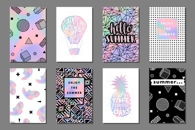creative bright summer journaling cards. retro memphis holographic posters with balloon and pineapple. hello typography. vector minimal design for banner, cover, flyer, brochure, wallpaper, invitation