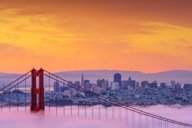 early morning low fog at golden gate bridge