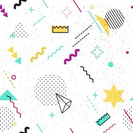 trendy geometric elements memphis card. seamless memphis pattern for tissue and postcards. hipster poster, juicy, bright color background. vector illustration