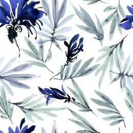 watercolor and ink illustration of leaves and flowers. sumi-e painting. seamless pattern.