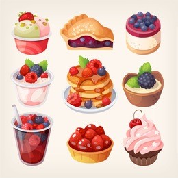 set of colorful desserts with forest fruits