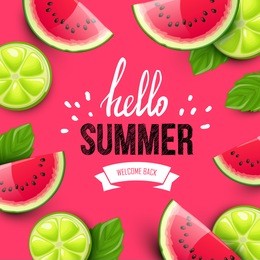 summer colorful poster. vector background with fruits. hello summer handwritten text.