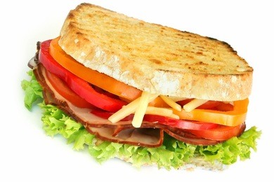 ham sandwich, with curly lettuce, capsicum, tomato, cheese and