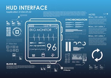 fitness tracker wrist, medical gadget for health monitoring. the various elements in the style hud. cardiogram heart rhythm