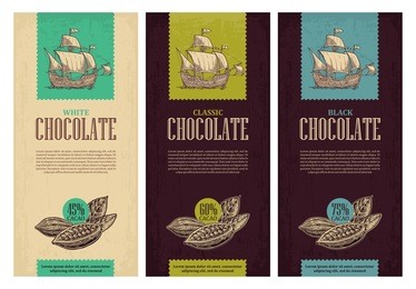 set of label for chocolate. fruits of cocoa beans and sailing ship floating on the sea waves. vector vintage engraved illustration.