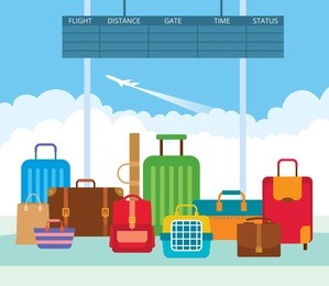 vector illustration of a big pile diverse luggage in the departure lounge of the airport. suitcases, bags, carrying animal backpack.