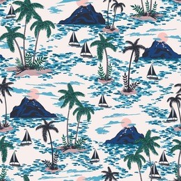 seamless retro style hawaii pattern with mountain, sunset, palm trees, boats. colorful bright artistic tropic fantasy background allover print