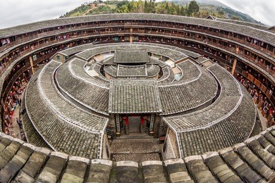 hakka roundhouse tulou walled village located in fujian, china.