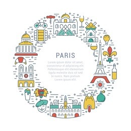 france and paris city concept. symbols isolated on background. web banner with scooter, wine, architecture, cycle, and culture thing. vector label or emblem.