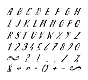 handwritten italic grunge font with punctuation marks on white background. uppercase font contains question mark, exclamation point, period, comma, dash, hyphen, bracket etc. vector illustration.