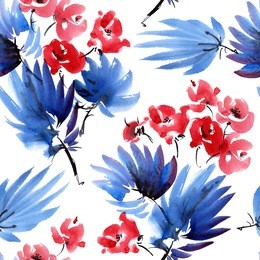 red flowers and dark blue leaves. watercolor and ink painting in style gohua, sumi-e, u-sin. oriental traditional painting. seamless pattern.