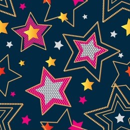 abstract seamless pattern for girls. creative original modern childish backdrop with stars and sequins. bright yellow, pink and gold, silver star on dark background. girlish fashion chaotic wallpaper.