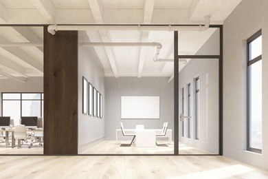 office and conference room interior with blank whiteboard behind glass doors. mock up, 3d rendering