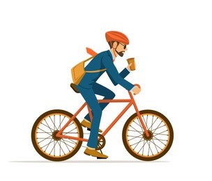 cool male businessman  riding bicycle to office, drinking coffee on the way. eco friendly trendy city bike to work. isolated