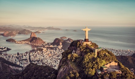 aerial panorama of botafogo bay and sugar loaf mountain at sunset, rio de janeiro, brazil