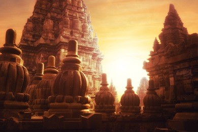 amazing sunrise at prambanan temple. great hindu architecture in yogyakarta. java island, indonesia