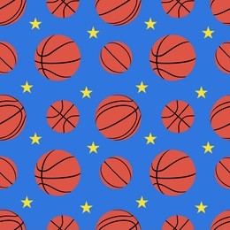 basketballs balls seamless pattern with stars on blue background. vector illustration.