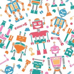 cute retro robots colorful silhouette vector background seamless pattern 