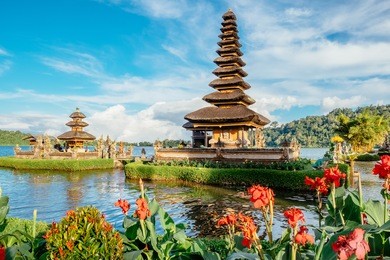 pura ulun danu bratan temple in bali island. hindu temple in flowers on beratan lake, asia. major water temple bali island, indonesia. hindu water temple - culture symbol of indonesia, asia landscape