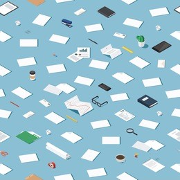 vector isometric office stationery seamless pattern. pattern of office supplies: paper, document, report, cup of coffee, pen, pencil, book, envelope, glasses, folder, tablet, magnifier, smart phone.