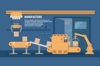 automated assembly line design with conveyor system of yellow color in blue workshop vector illustration 