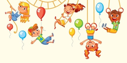 children have fun on the rides. amusement park. playground. kid weighs on the rings upside down. climbing up along the rope. swinging on swing. vector illustration. isolated on white background
