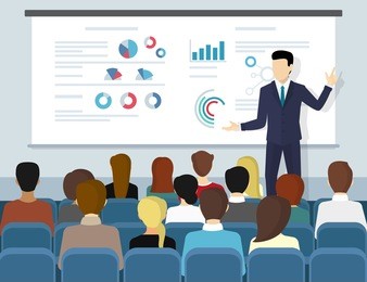 business seminar speaker doing presentation and professional training about marketing, sales and e-commerce. flat vector illustration of presentation conference and motivation for business audience