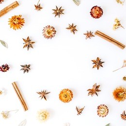 dry flowers, cinnamon and cardamom round frame wreath pattern on white background. flat lay, top view