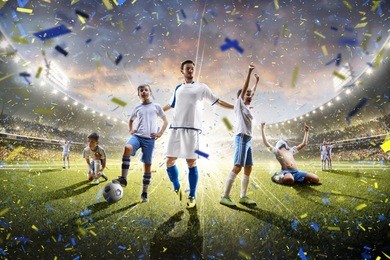 collage adult and children soccer players in action on stadium panorama