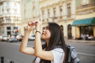 young asian tourists taking a photo