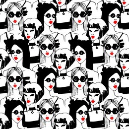 fashion girl  seamless pattern. model women, sunglasses, red lipstick background. hand drawn vector illustration. glamour texture