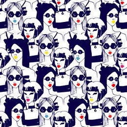 fashion girl  seamless pattern. model women, sunglasses, yellow, red lipstick background. hand drawn vector illustration. glamour texture