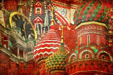 moscow kremlin (spasskaya tower) and saint basil's cathedral. ancient russian architecture symbols.( red square. russia). architectural abstract. old paper texture background
