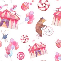 watercolor circus seamless pattern. hand drawn texture with air balloons, sweet donuts, party cupcakes and cartoon animals: bear on bicycle and white rabbit with magic wand. carnival wallpaper design