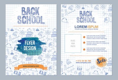 back to school flyer template with  different school objects. school sale  banners set with orange and blue watercolor splashes