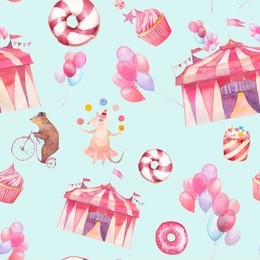 watercolor circus seamless pattern. hand drawn texture with air balloons, sweet donuts, party cupcakes and cartoon animals: bear on bicycle and mouse with balls. carnival wallpaper design