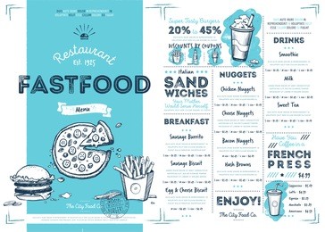 fast food menu design and fast food hand drawn vector illustration. restaurant or cafe  menu template with burger sketch. fast food menu cover layout with breakfast, drinks, sweet and other menu items