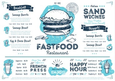 fast food menu design and fast food hand drawn vector illustration. restaurant or cafe  menu template with burger sketch. fast food menu cover layout with breakfast, drinks, sweet and other menu items