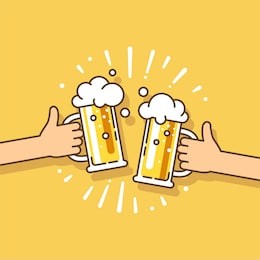 two hands holding beer glasses with foam. concept of celebration in pub. vector illustration in flat design.