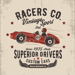 vintage sport cart illustration for tee print with typo and old texture