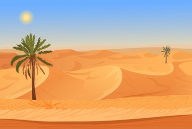 cartoon nature sand desert landscape with palms, herbs and mountains. vector seamless game style illustration