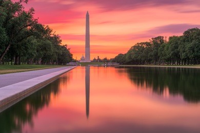 washington monument on the reflecting pool in washington, dc.