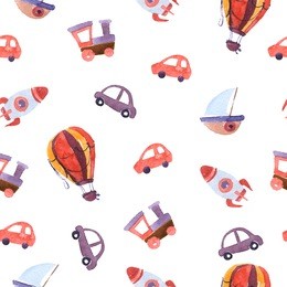 watercolor hand drawn toys. watercolor toys. hand drawn seamless texture with rocket, air balloon, boat and automobile.