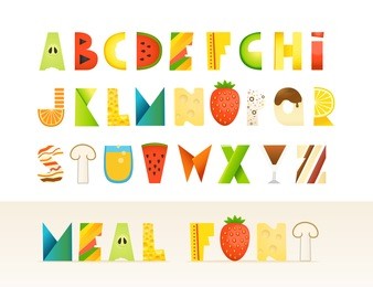 different food colorful creative alphabet. isolated letters on white