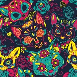 day of the dead colorful sugar cat skull with floral ornament and flower seamless pattern