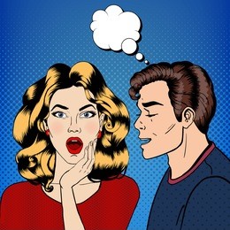 man whispering something to his girlfriend. happy couple. pop art. vector illustration